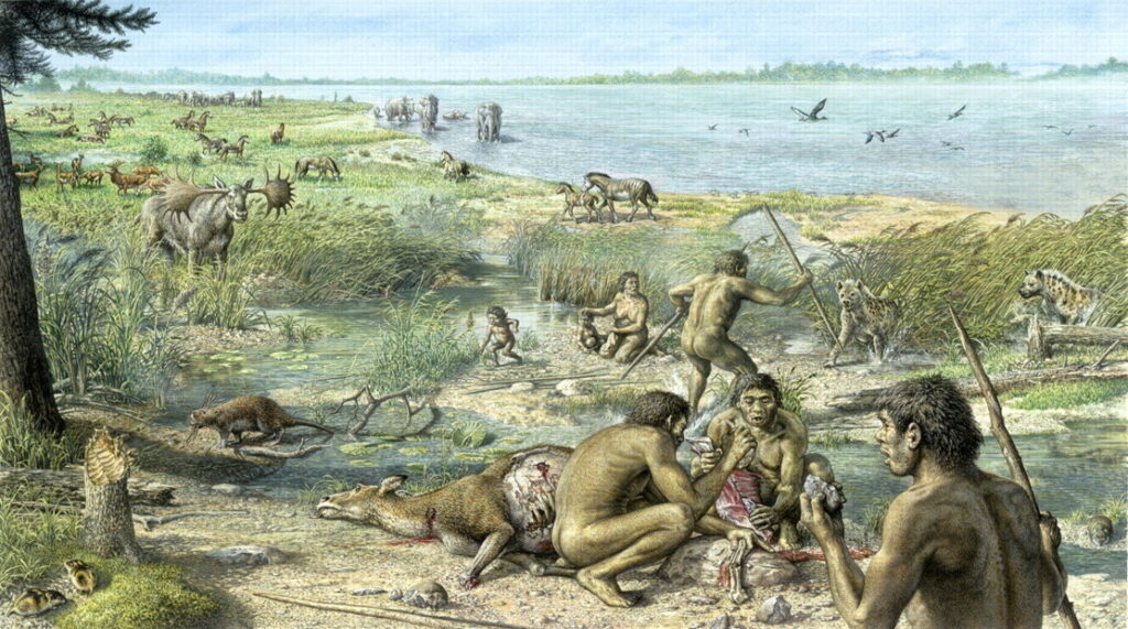 Reconstitution d'une scène de chasse à Happisburgh il y a environ 900 000 ans.